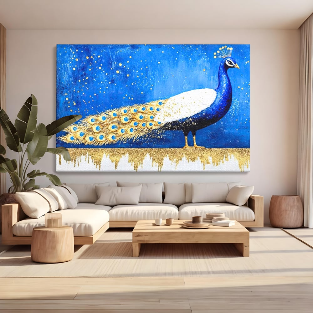 Tablou canvas cu tablou canvas cu paun in nuante de albastru si auriu, fara rama, pe sasiu de lemn, pe perete intr-un living